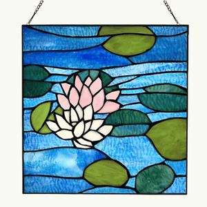 12"H Blue Lotus Pond Stained Glass Window Panel