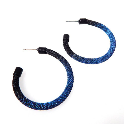 Milanese Mesh Hoop Earring: Black with Electric Blue