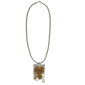 Ammonite fossil, Agate and Pearl Pendant Necklace