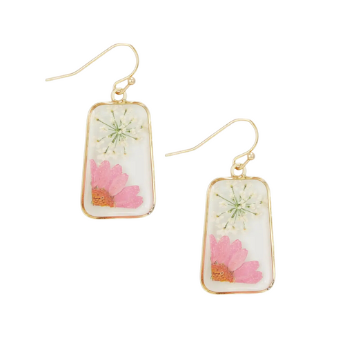 Pink Petals Dried Flower Gold Oblong Earrings