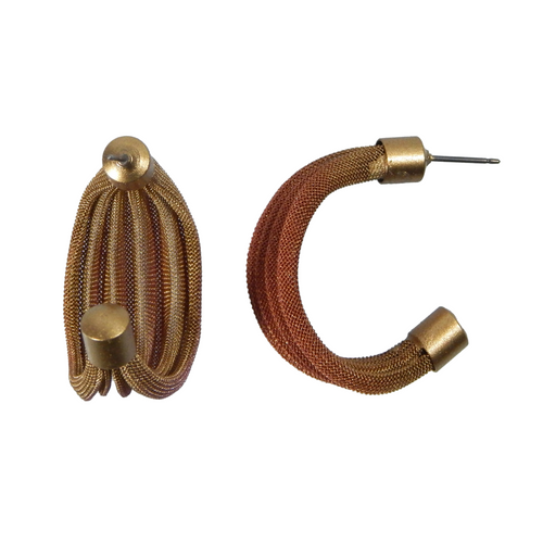 Pleated Wire Cloth Hoop Earrings - Gold with Orange and Poppy