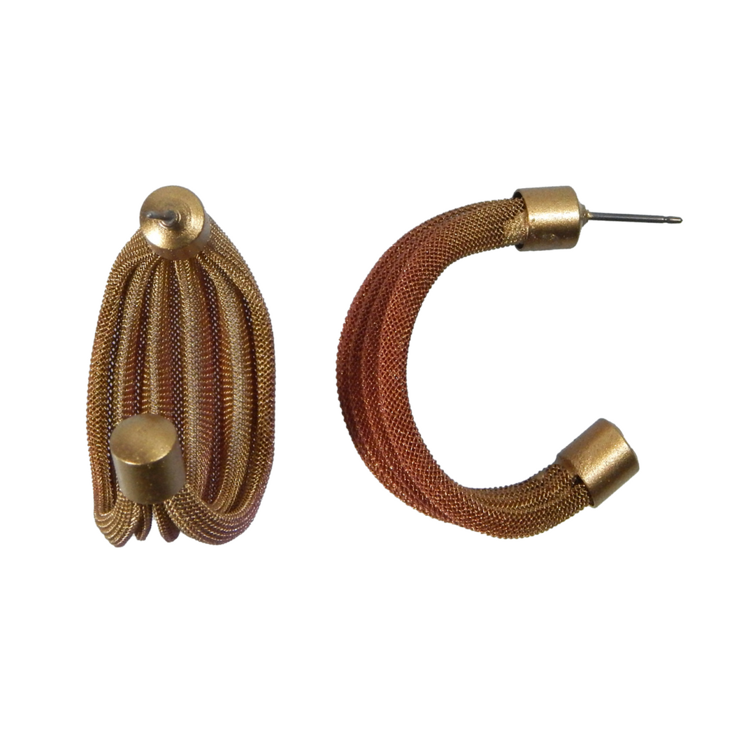 Pleated Wire Cloth Hoop Earrings - Gold with Orange and Poppy