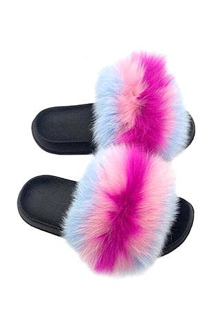 Fox Fur Stripe Slippers Pink & Blue Multicolor