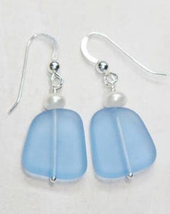 Cornflower Blue Sea Glass & Pearl Earrings