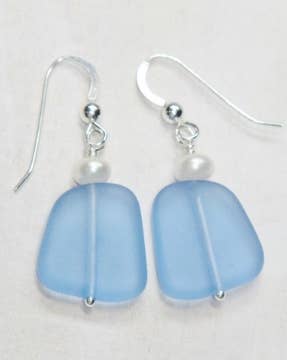 Cornflower Blue Sea Glass & Pearl Earrings
