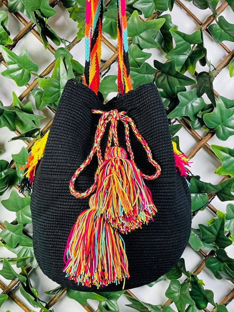 Black Wayuu Handmade Large Cotton Bag with Indian Print