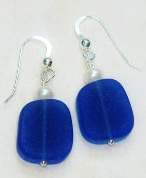 Cobalt Blue Sea Glass w/Pearl Earrings