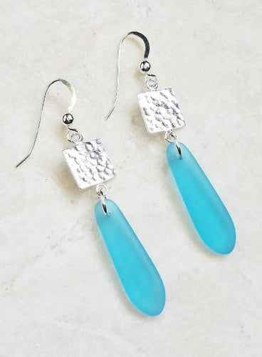 Turquoise Sea Glass Hammered Tile Earrings