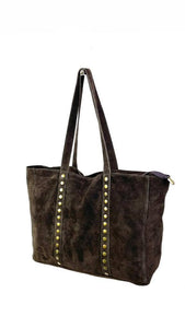 Chocolate Brown Suede Leather Shopper Bag w/studs