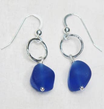 Cobalt Blue Sea Glass w/Hammered Ring Earrings