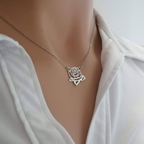 Rose Pendant, Sterling Silver Rose Necklace, White Gold