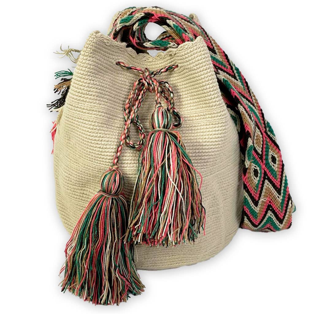 Beige Wayuu Handmade Large Cotton Bag with Indian Print